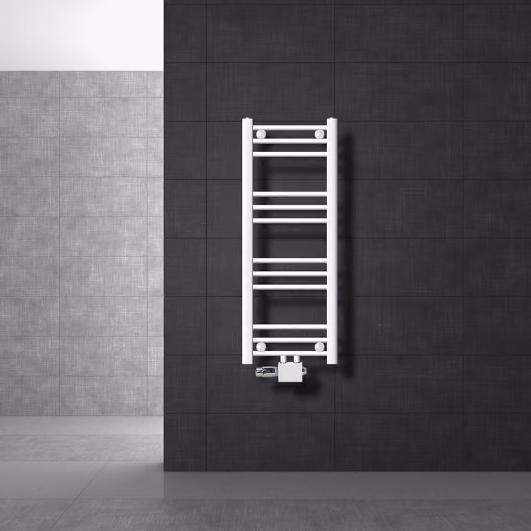 LuxeBath Radiatore da bagno attacco centrale 300 x 800 mm Bianco diritto con termostato e set di collegamento Angolo universale e diritto passante, senza elemento riscaldante
