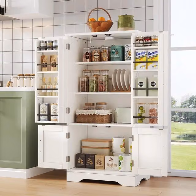 Mobile dispensa bianco a 4 ante; 60 x 40 x 120 cm; luce LED a sensore; ripiani regolabili; MDF