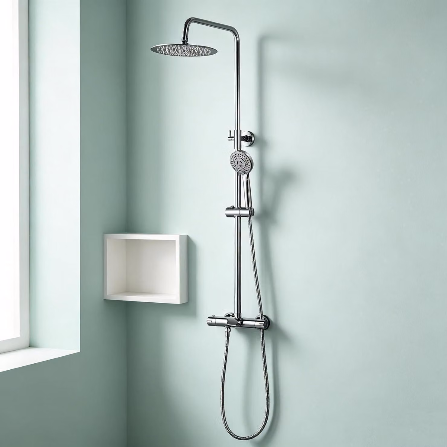 Sistema doccia con termostato, soffione a pioggia e doccetta, con getto a cascata, regolabile da 800 a 1260 mm