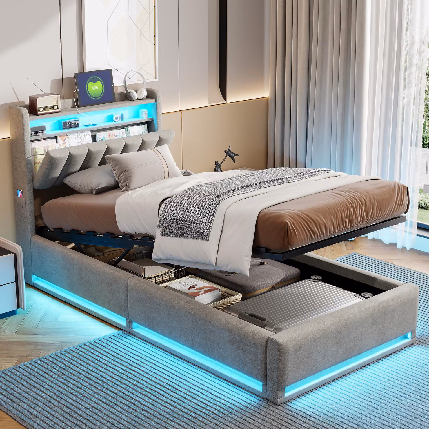 Letto imbottito in velluto ProximaX 90x200 cm in grigio - letto matrimoniale con illuminazione a LED sulla testata e sul giroletto, letto con contenitore a pressione di gas con spazio di archiviazione