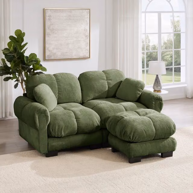 Divano angolare modulare 190x149x90 cm con pouf mobile e cuscini trapuntati in ciniglia verde
