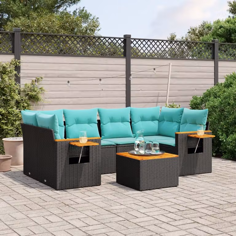 vidaXL Set Divani da Giardino 7 pz a Forma a L in Polyrattan con Cuscini e Tavolino da Esterno Nero