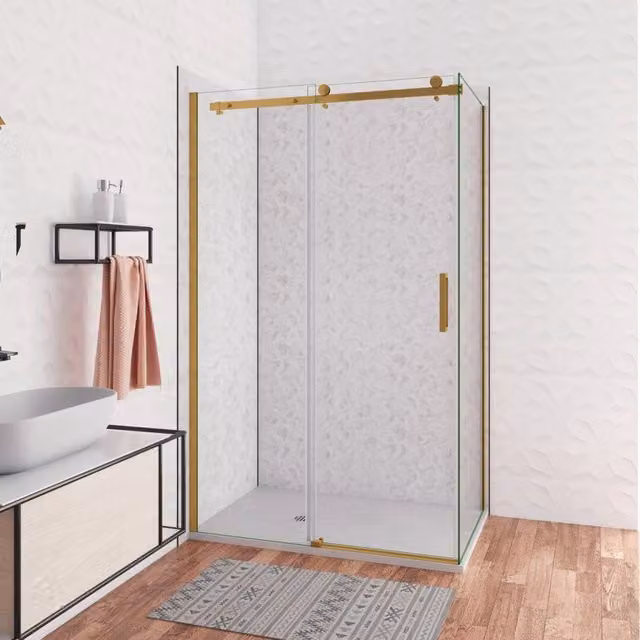 Box Doccia Angolare 100X80 cm H.195 cm Porta Scorrevole con Parete Fissa Vetro 8 mm Temperato Anticalcare Trasparente Telaio Cromo Dorato