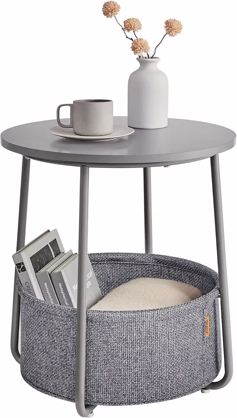 Tavolino rotondo con cesto portaoggetti - Tavolino da salotto piccolo - Diametro 45 cm - Altezza 50 cm - Grigio