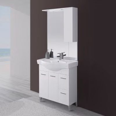 Mobile bagno a terra bianco lucido con pensile e specchio con illuminazione LED INBAGNO L/P/H: 86.5 x 35.6 x 82.0 cm – 1
