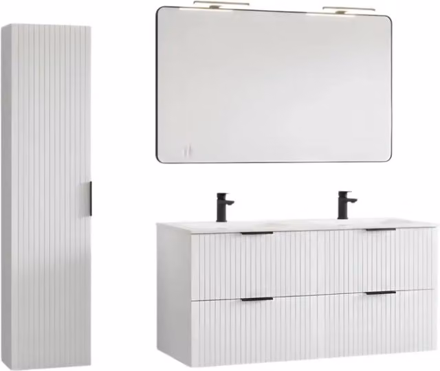Set bagno sospeso Meublorama NOXERA bianco, composto da mobile lavabo, specchio con illuminazione LED e colonna, L: 120 cm, P: 46 cm, H: 140 cm