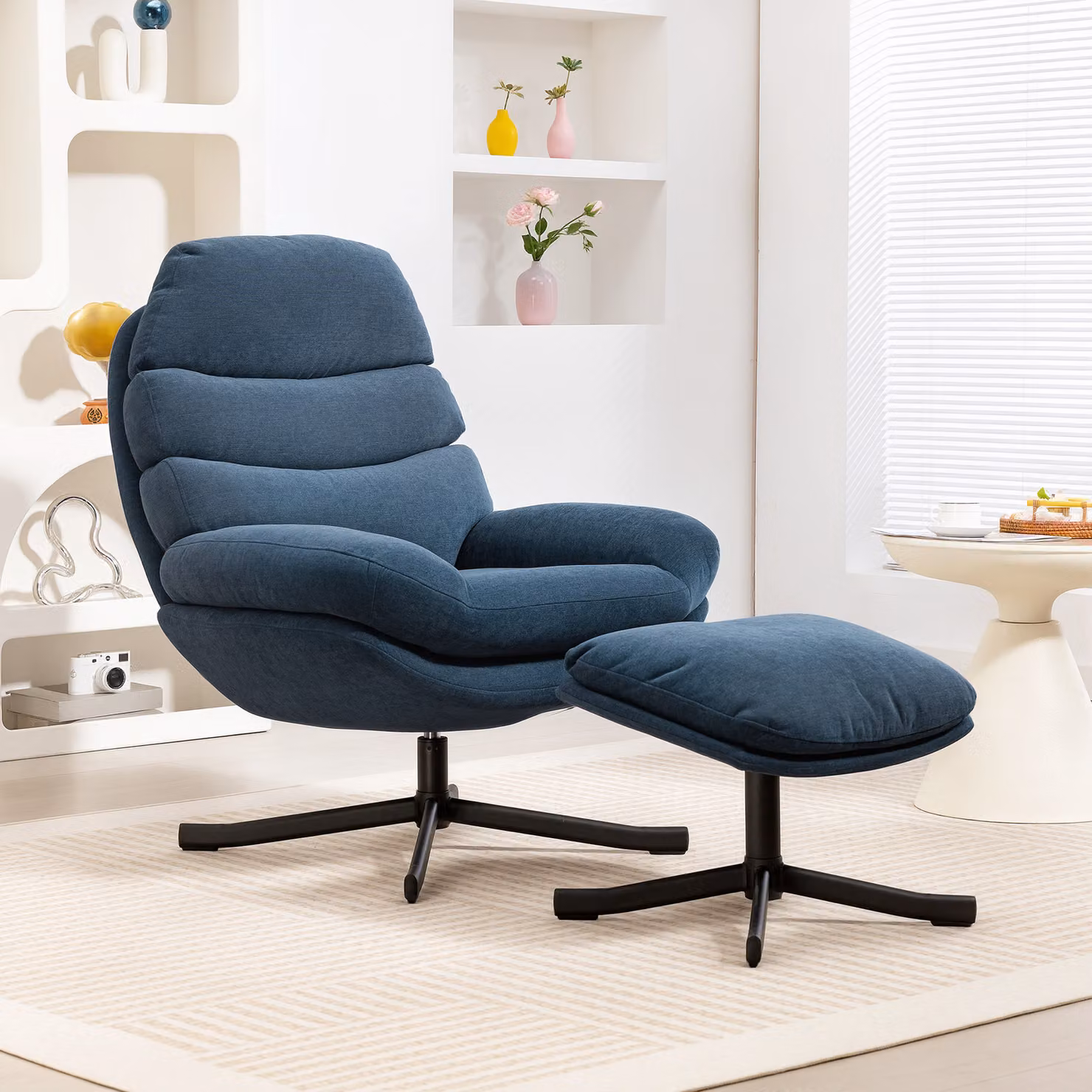 Poltrona Relax HOMCOM con Pouf in tessuto Chenille Blu, Poltrona Lounge Moderna L: 78 cm, P: 93 cm, H: 100 cm – 2
