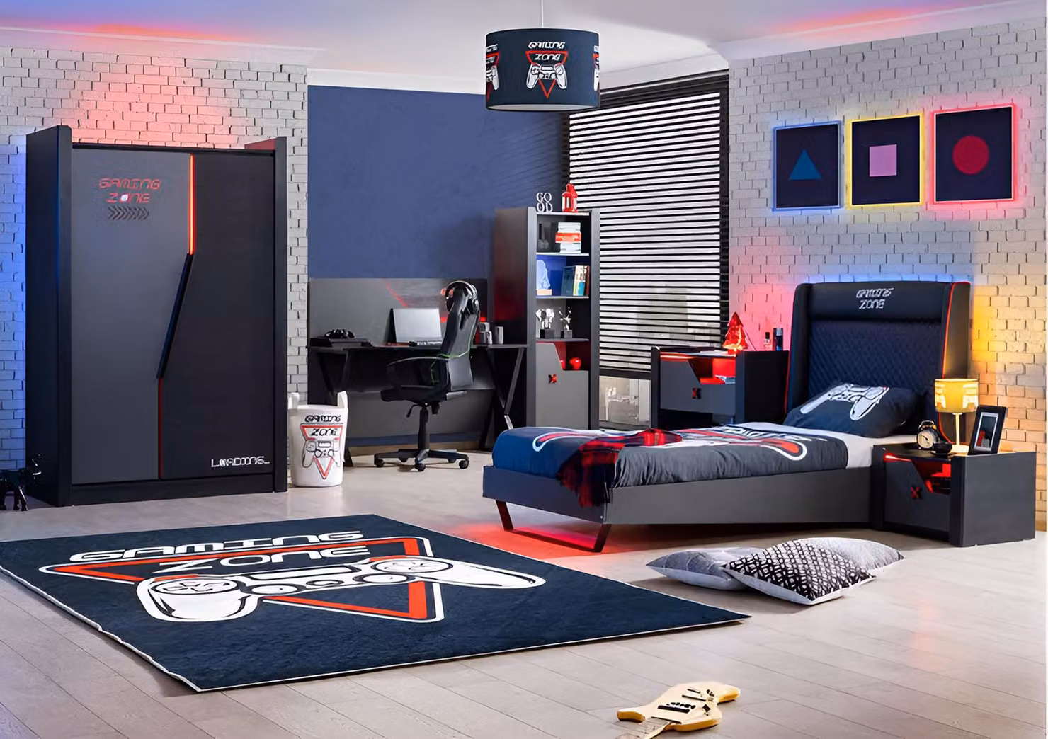 Set di mobili per camera dei bambini: letto, scrivania e comodino in stile gaming