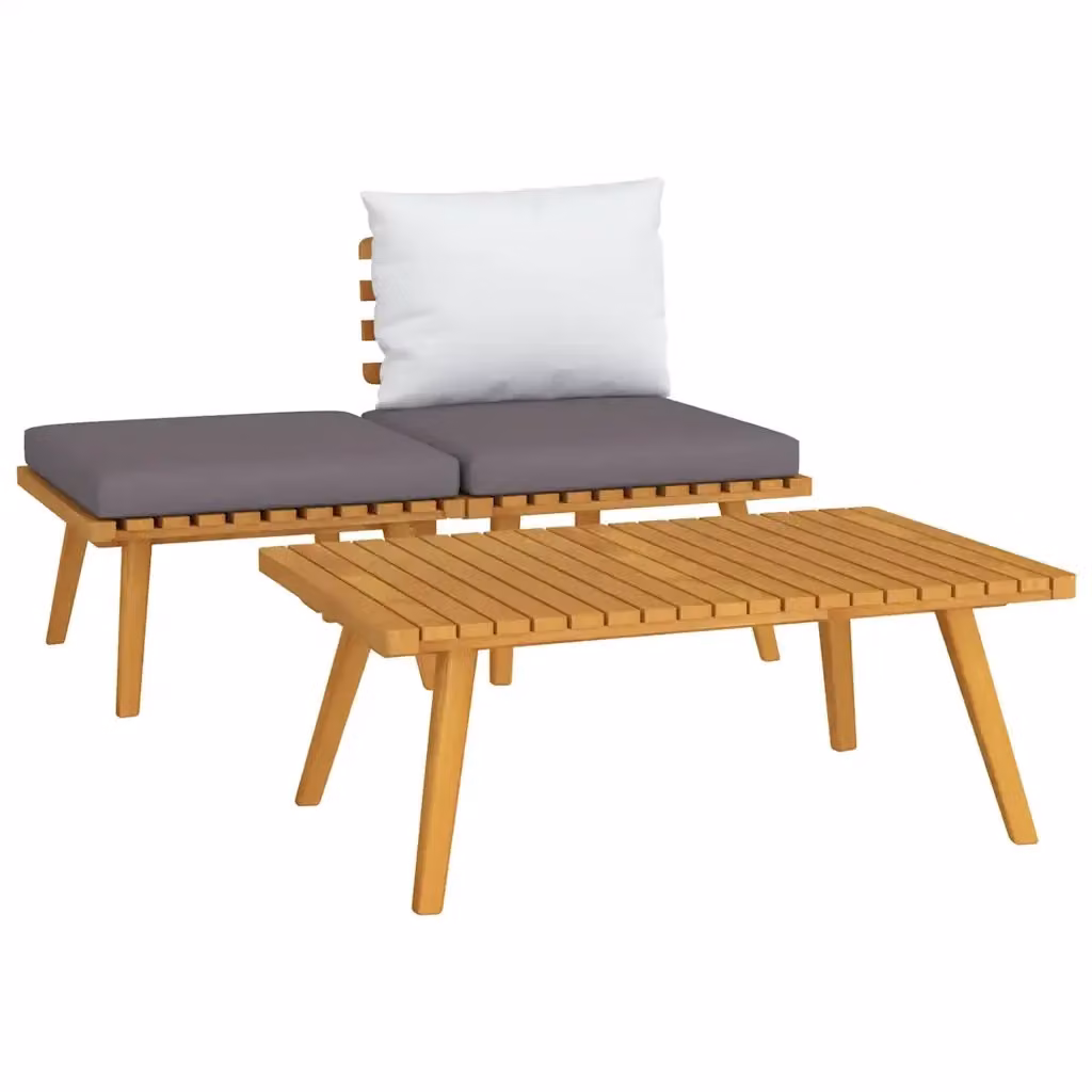 Set Salotto da Giardino in Legno di Acacia con Divano a 3 Posti, Tavolino e Pouf con Cuscini in Tessuto Grigio e Bianco – 2