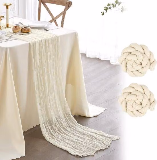 Tovaglia Boho Rustik 90x300 cm color crema in cotone ecologico