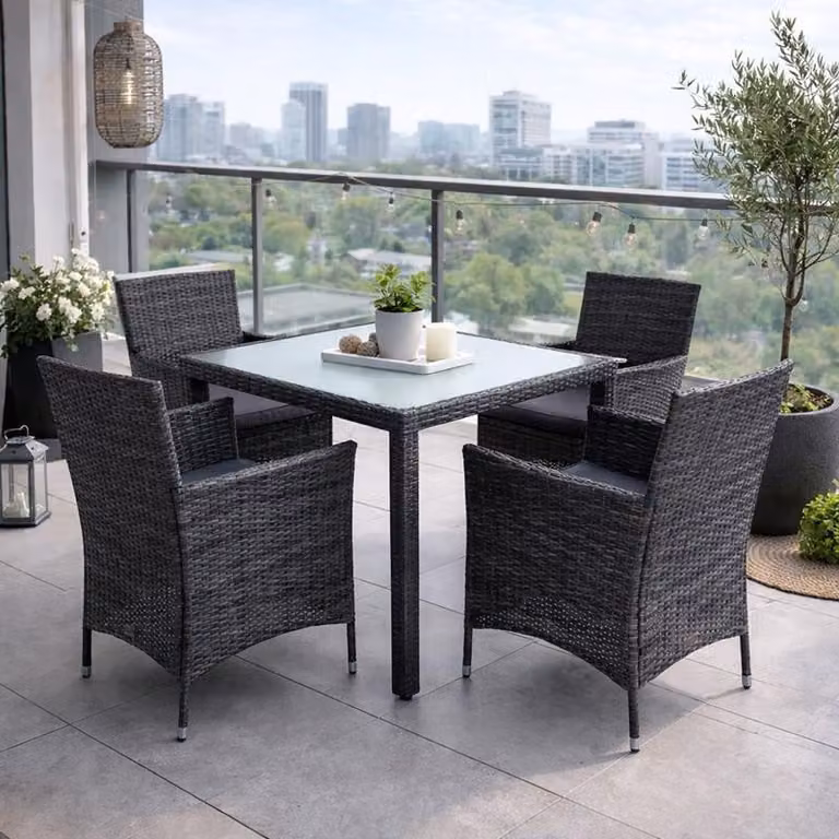 Gruppo di sedute in polyrattan Set di mobili da giardino in rattan Gruppo da pranzo grigio antracite