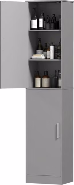 Mobile Colonna Bagno con 2 Ante e Ripiani Regolabili, Armadietto Alto Salvaspazio per Casa, 40 x 35 x 180 cm, Grigio