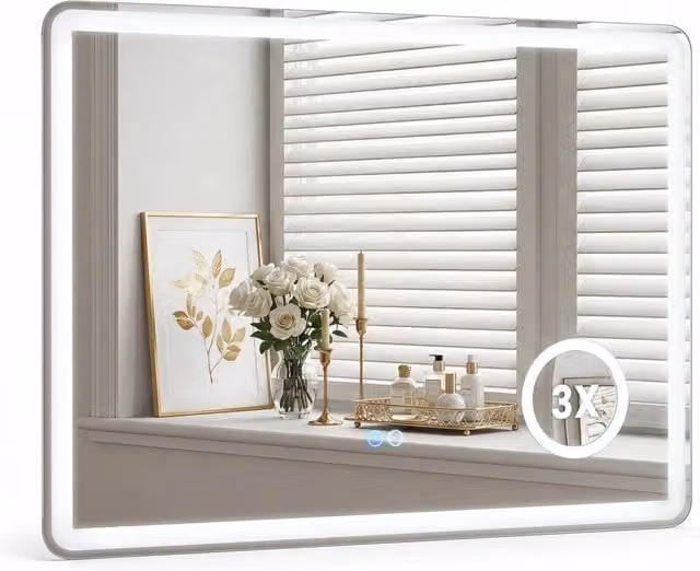 Specchio da bagno Design In da parete rettangolare con luce LED dimmerabile, lente d'ingrandimento 3x e funzione antiappannamento in metallo e vetro, disponibile in argento o bianco