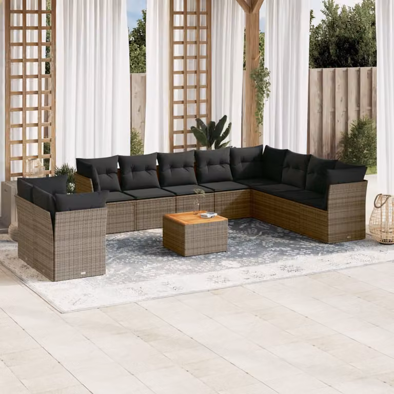 vidaXL Set Divani da Giardino 11 pz in Polyrattan Grigio con Cuscini e Tavolino da Esterno