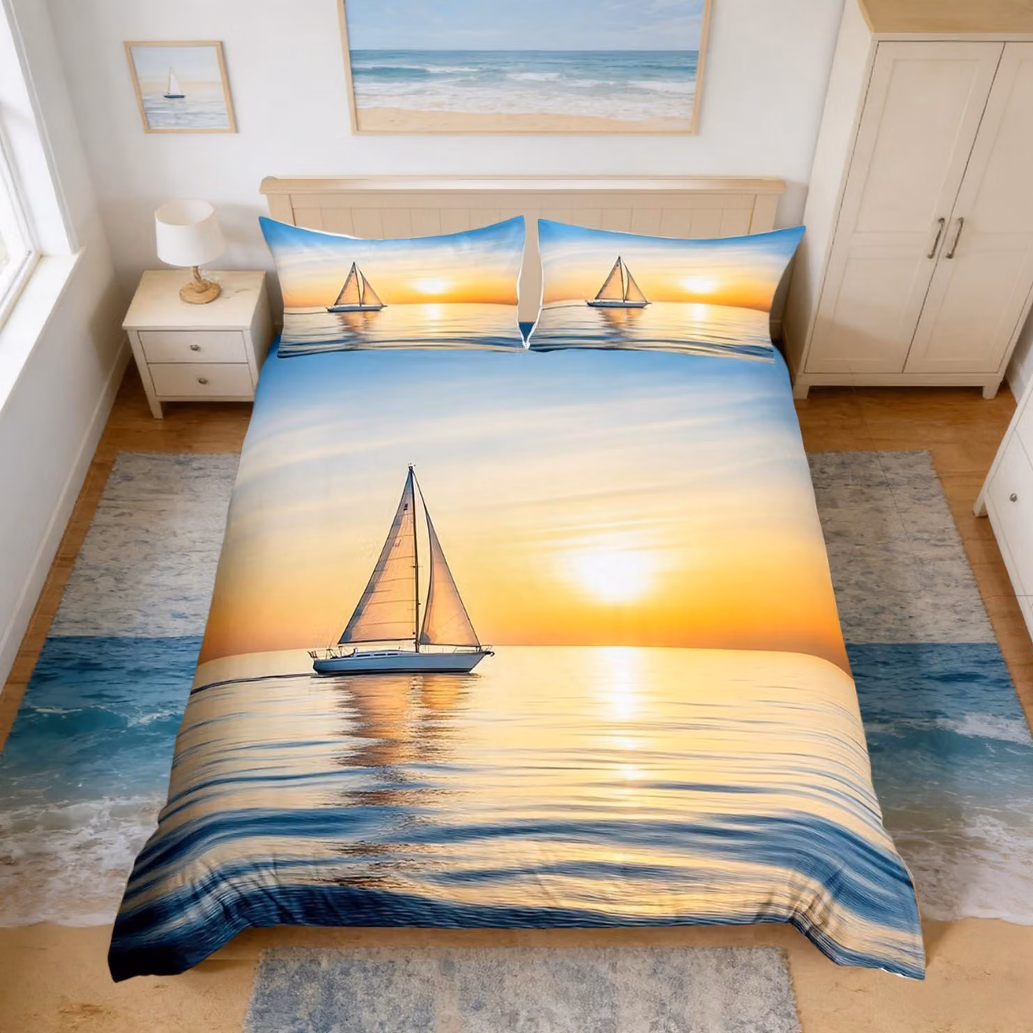 Set di lenzuola con copripiumino a tema nautico, con stampa di barche a vela, per bambini