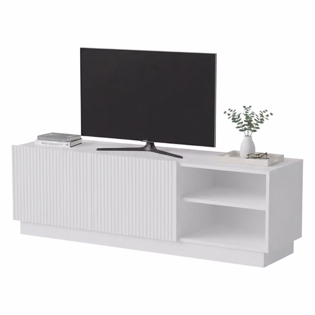 Mobile porta TV DMORA con due ante battenti e design moderno, Bianco, L: 150 cm, P: 40 cm, H: 48 cm – 2