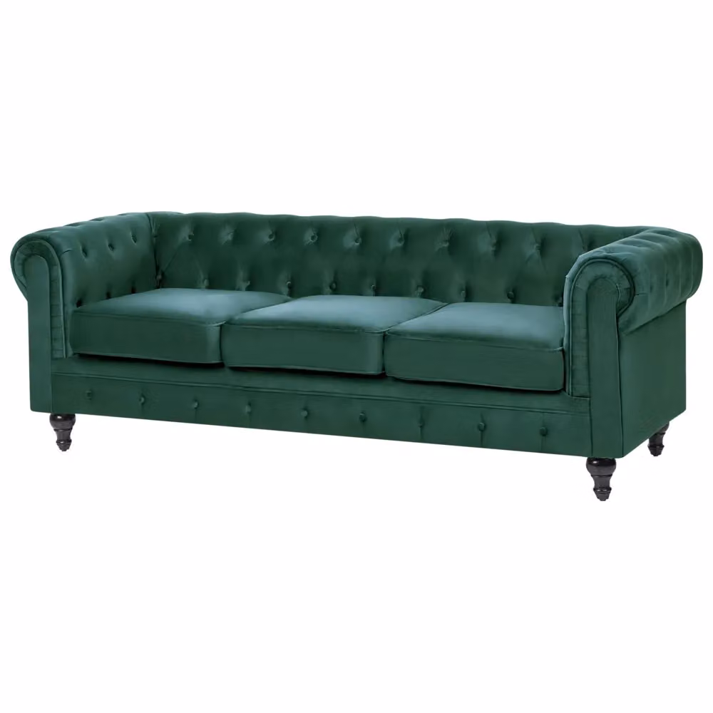 Divano Chesterfield Beliani a 3 posti in velluto verde con gambe in legno di gomma per il tuo soggiorno L: 202 cm, P: 75 cm, H: 70 cm – 2