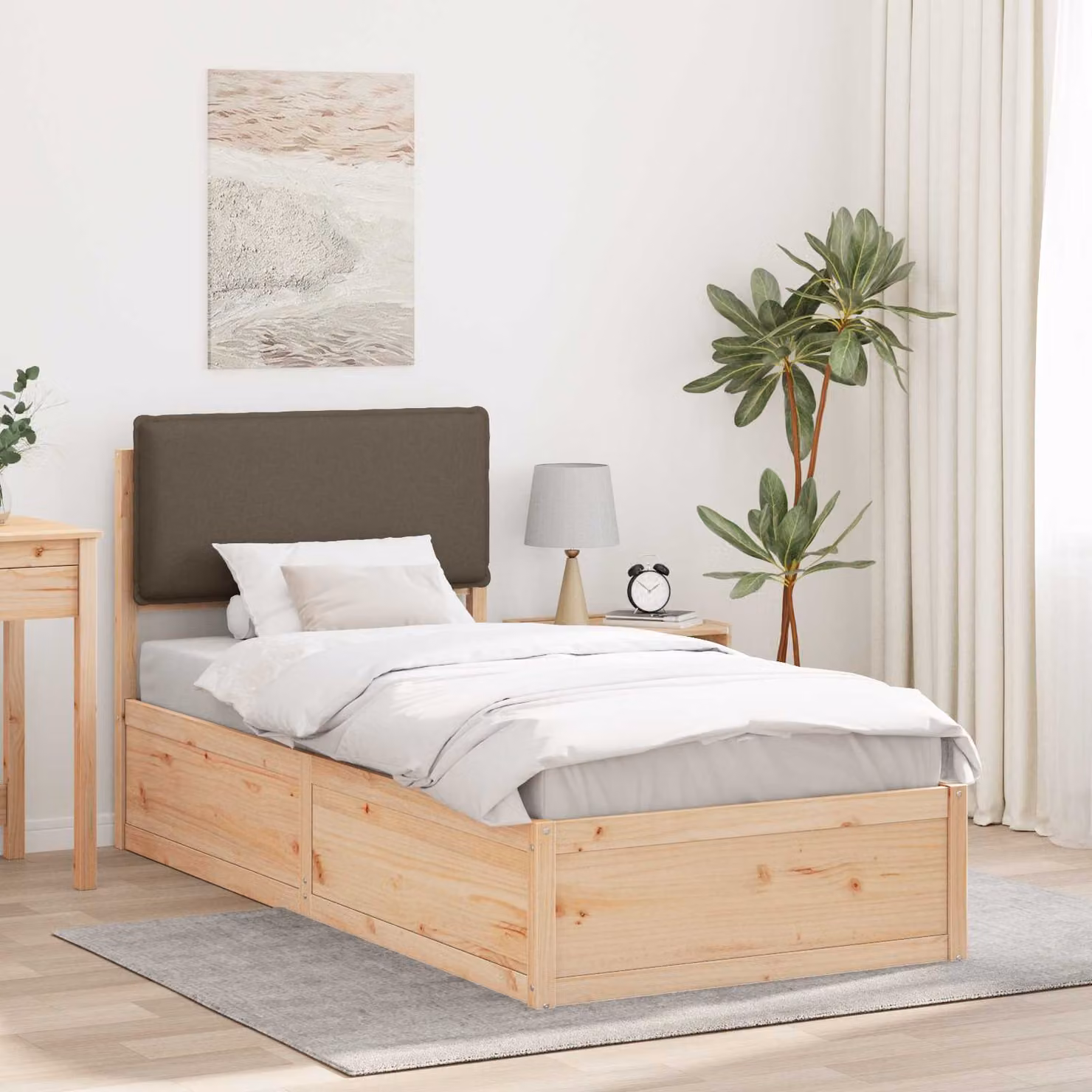 Letto con Testiera Rivestita vidaXL in Pino Massello, Colore Beige o Grigio, 90 x 200 cm – 1