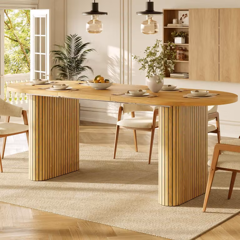 Tavolo da pranzo estendibile MODFU, con bordi arrotondati, tavolo da cucina con gambe verticali strutturate e realizzato in legno naturale