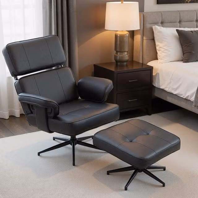 Poltrona relax girevole WISHDOR con poggiapiedi, rivestimento in similpelle nera e base in metallo – 1