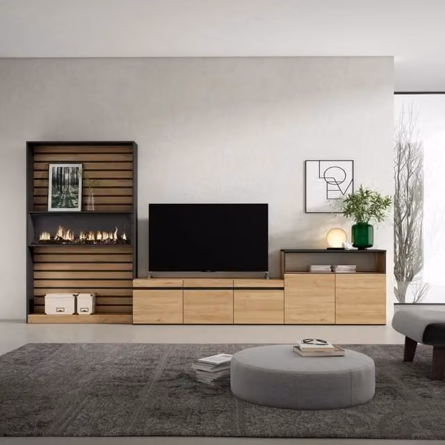Mobile TV da soggiorno Skraut Home con camino elettrico e illuminazione integrata, Rovere e Nero, L: 360 cm, P: 35 cm, H: 186 cm – 1