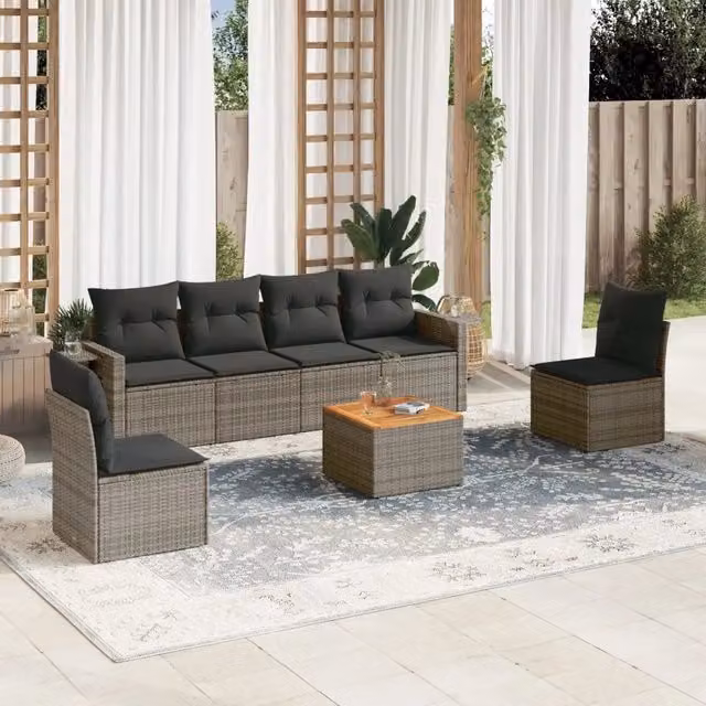 Set da giardino vidaXL composto da 7 pezzi in polyrattan grigio con cuscini imbottiti e tavolino da esterno