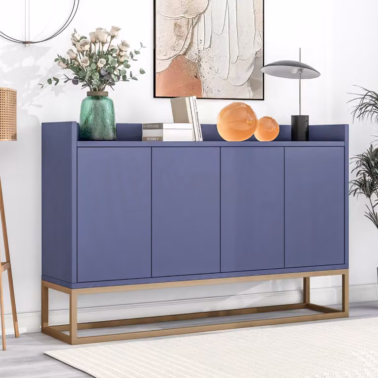 CDGlobal credenza con 4 ante e ripiani regolabili, struttura in metallo dorato e funzione push-to-open, credenza in legno massiccio per soggiorno, 120x30x80 cm, blu