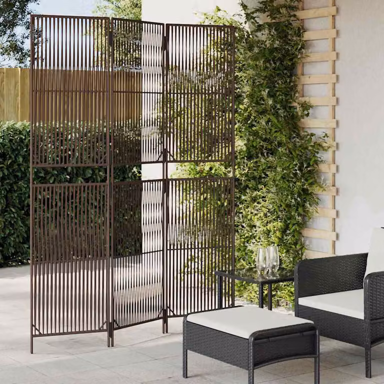 Divisorio per ambienti vidaXL a 3 pannelli in polyrattan marrone con struttura in metallo, H: 180 cm, L: 147 cm, P: 3 cm
