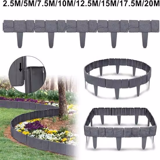 Bordo per aiuole, in plastica, effetto pietra, 10 metri, bordo perimetrale per giardino, recinzione per giardino in polipropilene, con sistema di fissaggio a cerniera, 1 elemento. Dimensioni: 25x23x1 cm. Colore: grigio