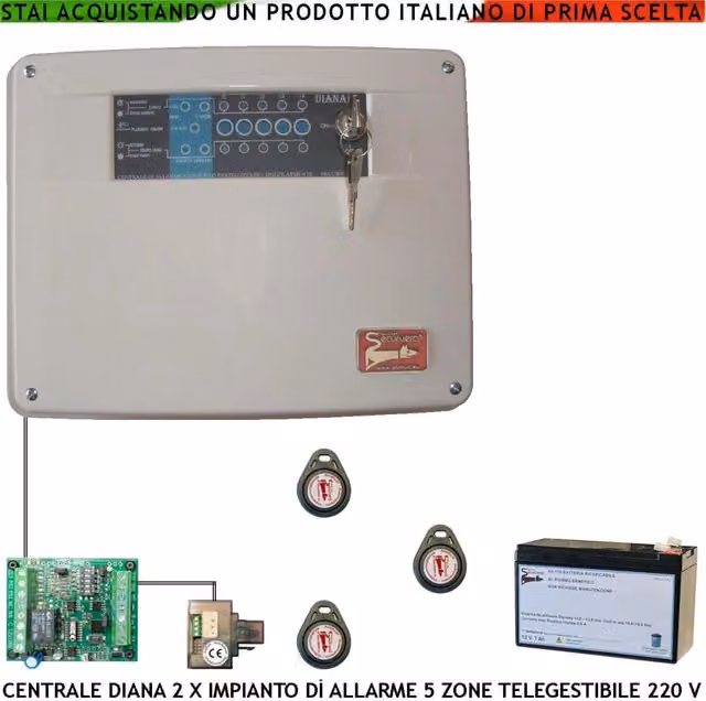 Centrale Antifurto Securvera Diana a 5 Zone con Batteria 12 V 7,2 Ah, Sistema Filare Bianco per Sensori di Movimento e Scasso, Gestione con 3 TAG e Comando Remoto