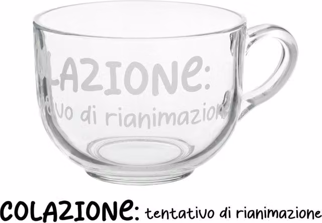 Mug in vetro trasparente KASANOVA con scritta Colazione rianimazione, capacità 700 ml