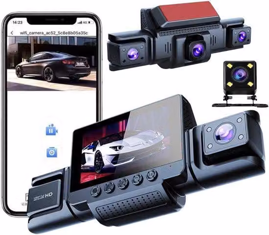 Dashcam automatica a 360 gradi - 4 telecamere, Full HD 1080p, scheda SD da 64 GB, Wi-Fi, visione notturna, sensore G, rilevatore di movimento, schermo IPS da 3 pollici, impermeabile, modalità loop, attivazione in caso di incidente