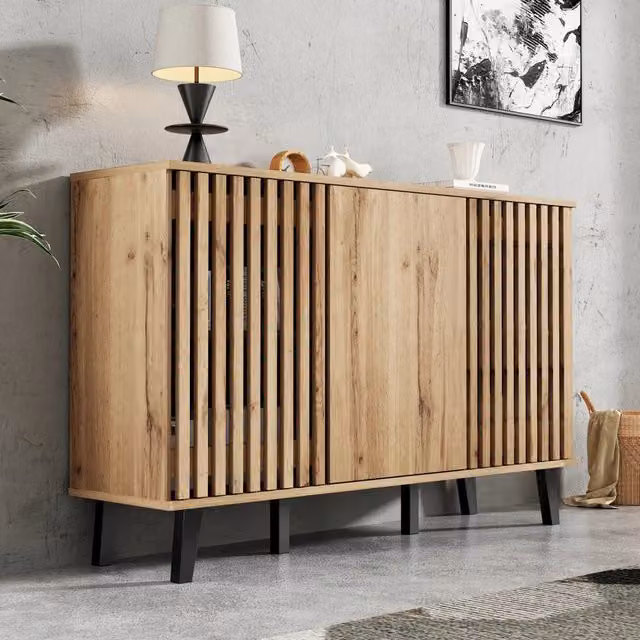 Credenza 150x40x95 cm con 3 ante e 6 vani in truciolato naturale