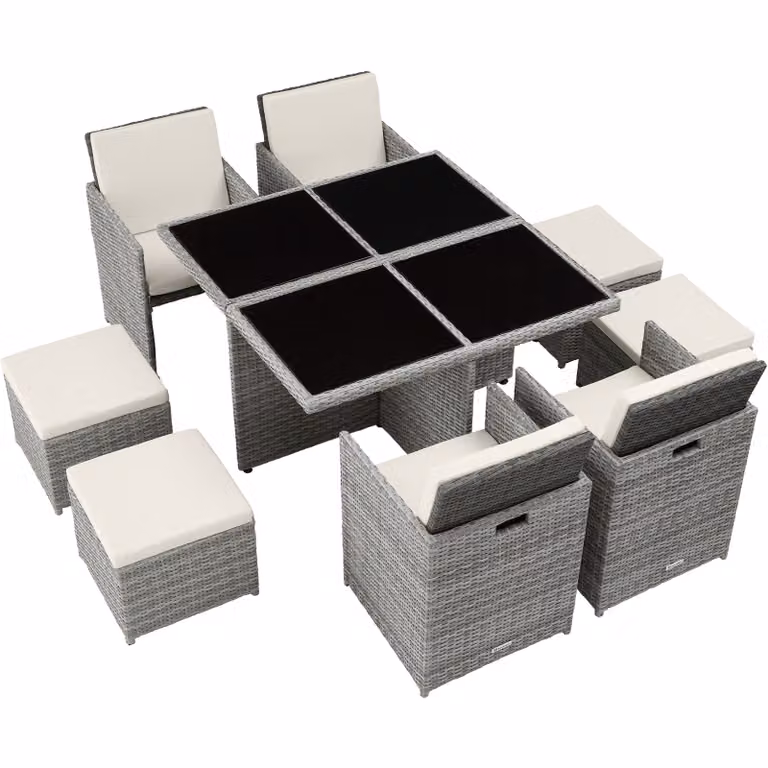 Set da giardino moderno TecTake in polyrattan e vetro con tavolo quadrato, colori grigio e beige