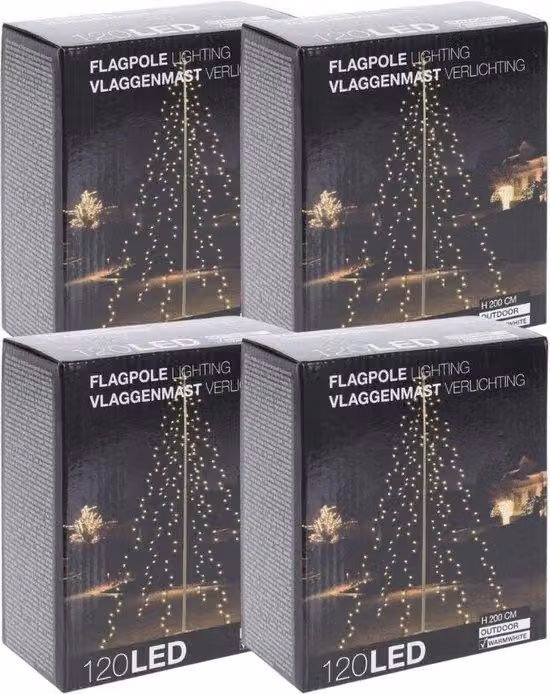 Luci natalizie - Asta per bandiera - 4 pezzi - 120 LED - Altezza: 200 cm - Bianco caldo