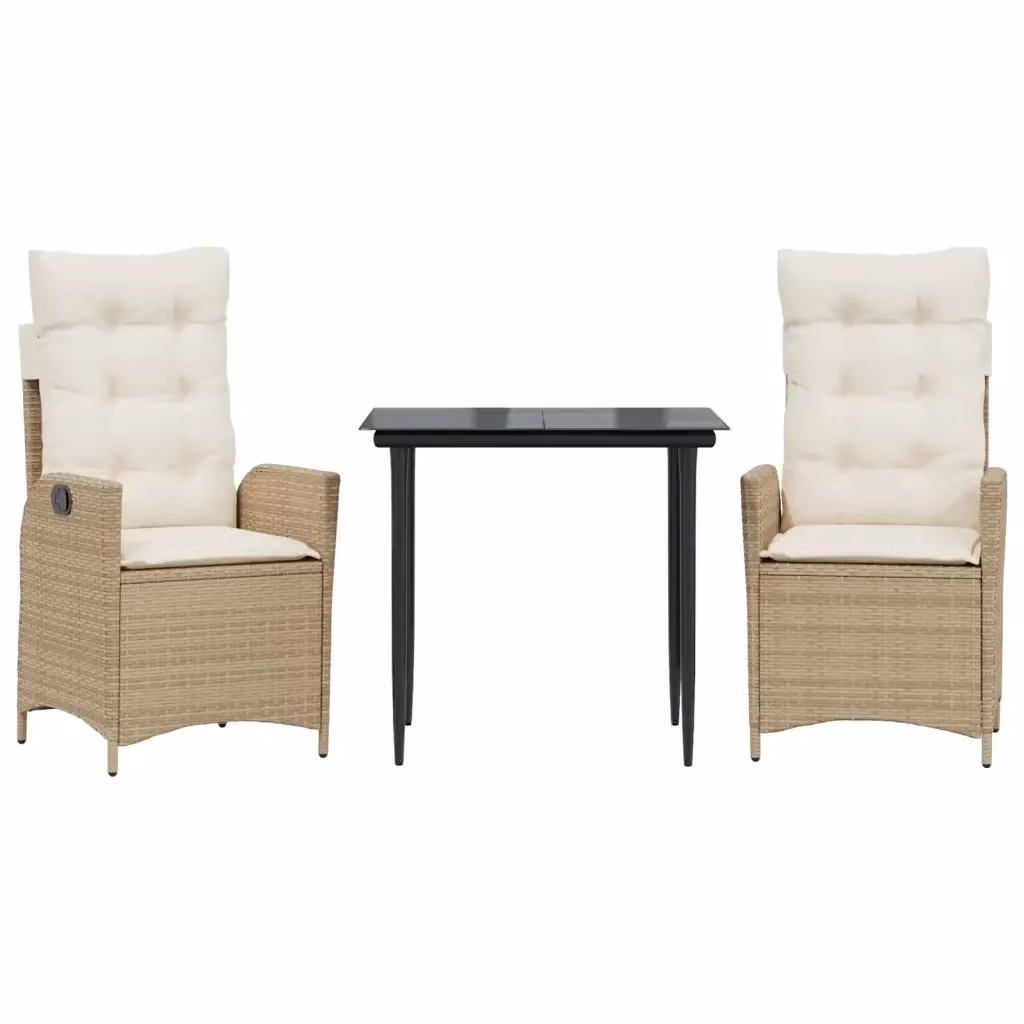 Set da Pranzo da Giardino 3 pz vidaXL in Polyrattan con Cuscini Beige e Tavolo in Vetro – 2