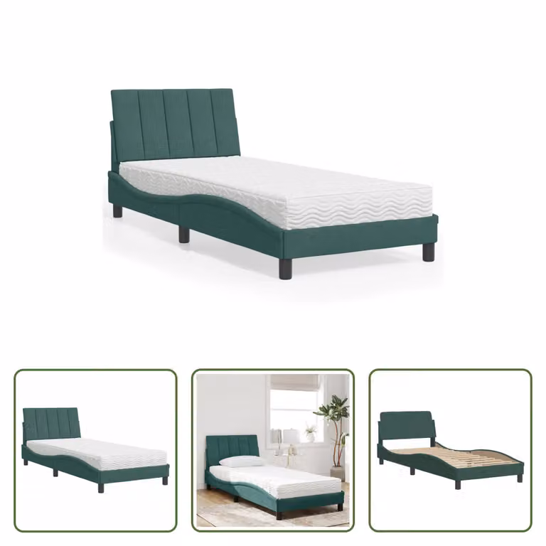The Living Store Letto con materasso in velluto verde scuro 80x200 cm