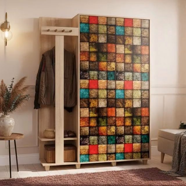 Mobile da ingresso Liana, Entratina appendiabiti, Composizione per atrio, Consolle portaoggetti multifunzione, 135x36h194 cm, Quercia e Multicolore