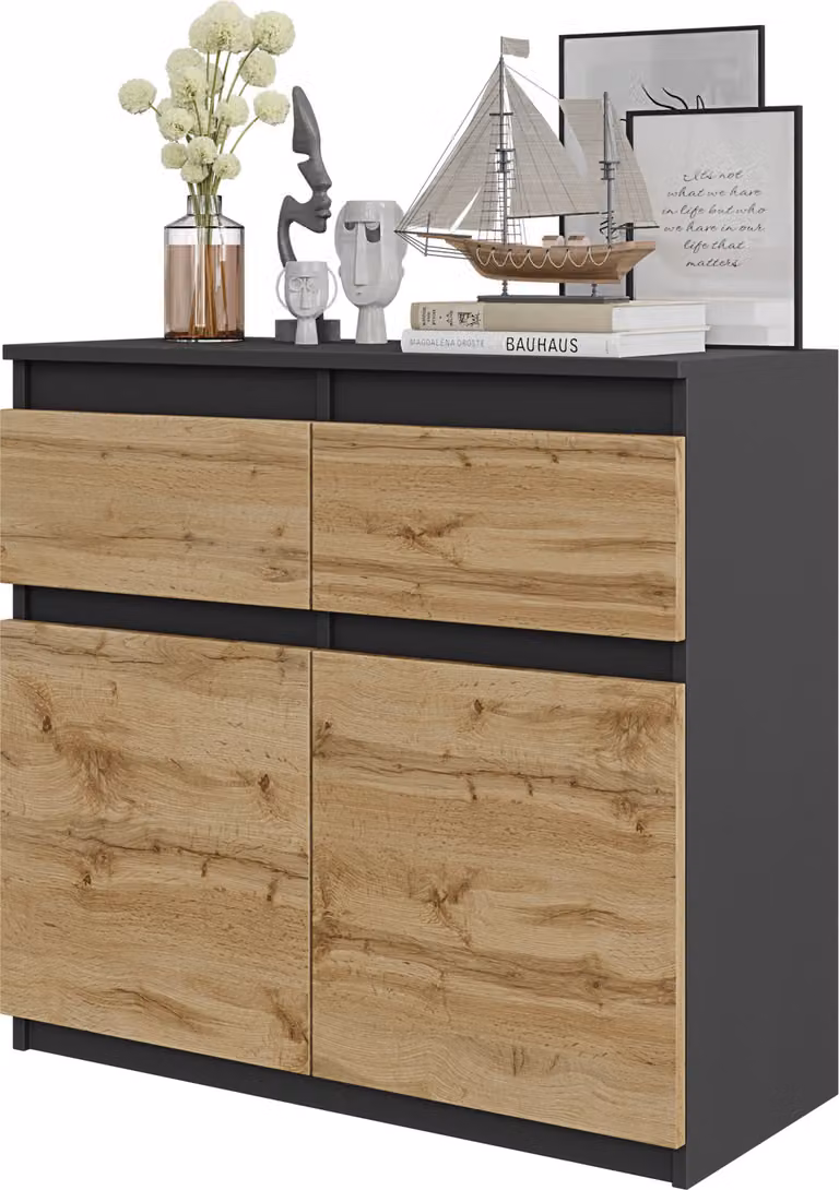 FURNICA - NOAH - Cassettiera / credenza con 2 cassetti e 2 ante - Grigio antracite / Rovere Wotan H75cm L80cm P35cm