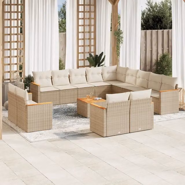 Set di Divani da Giardino L-Shape vidaXL in Polyrattan Beige con Cuscini e Tavolino da Caffè