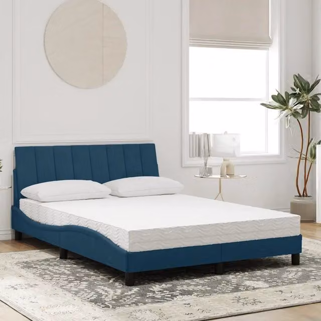 Letto con Materasso Hanko blu e bianco in velluto con struttura in legno e metallo vidaXL L/P/H: 140 x 190 x 208 cm