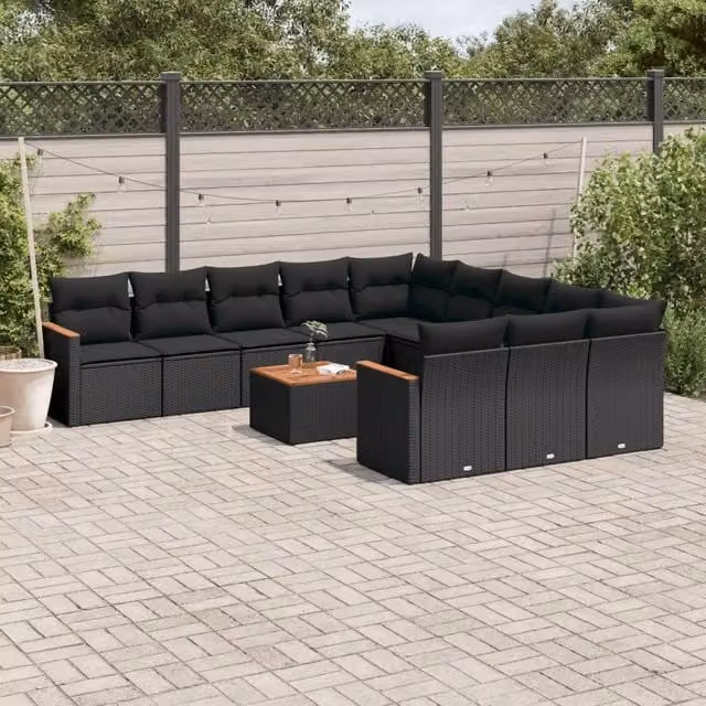 Set di Divani da Giardino vidaXL a Forma di U con Cuscini e Tavolino, Polyrattan e Metallo, Nero