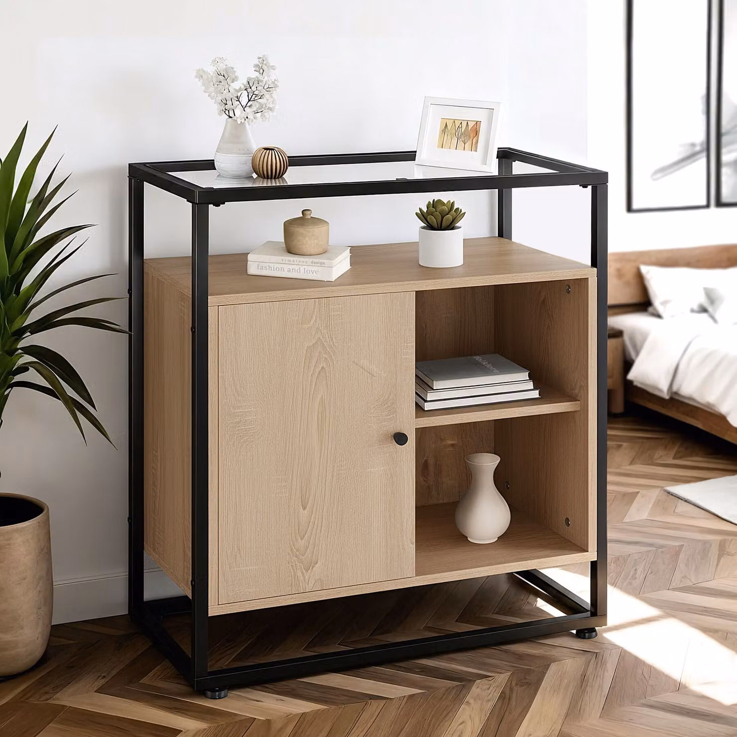 Cassettone Conventry TecTake in stile industriale con top in vetro, colore rovere e beige, L: 70 cm, P: 38 cm, H: 80,5 cm – 3