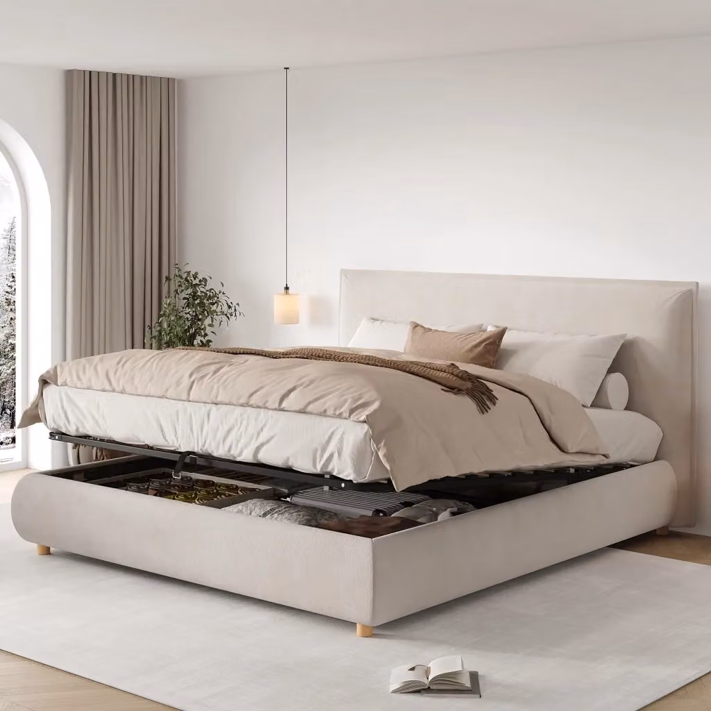 Letto matrimoniale moderno con contenitore idraulico in velluto beige L: 180 cm, P: 200 cm, H: 220 cm – 2
