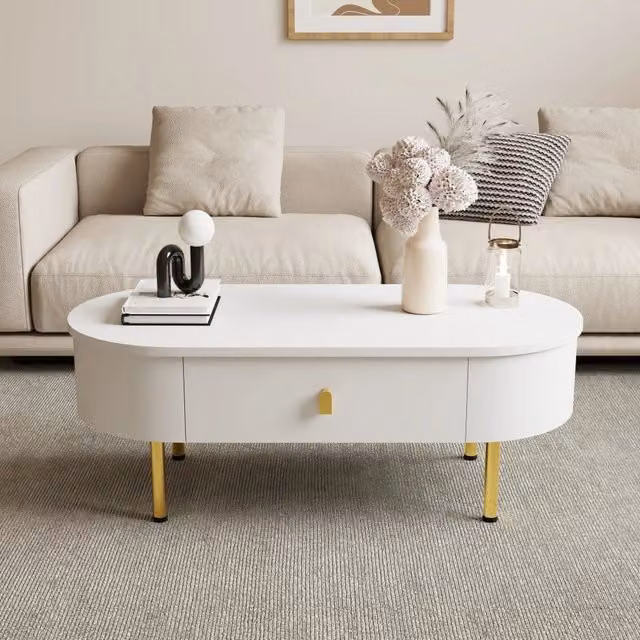 Tavolino da Soggiorno con 2 Cassetti; 108 cm; Angoli Arrotondati; in MDF; Bianco e Oro