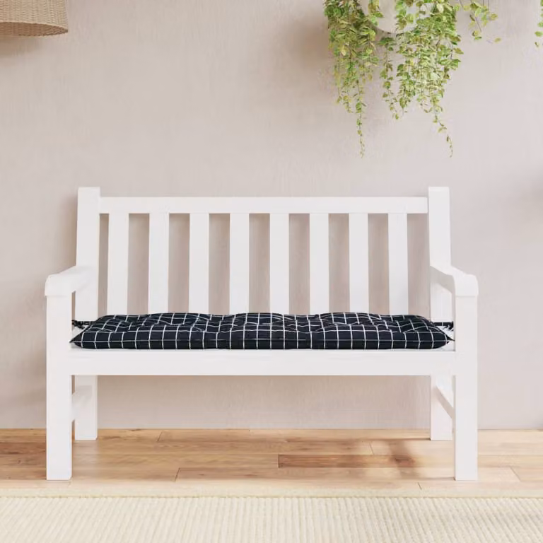 Cuscino per panca da giardino vidaXL con motivo a quadri nero e multicolore, resistente all'acqua e ai raggi UV, L 120 x P 50 x H 7 cm