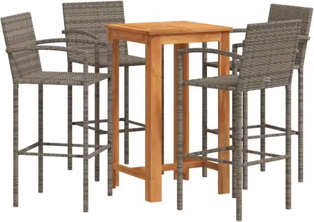 Set Bar Giardino 5pz | Set Salotto da Giardino Grigio Legno Massello Acacia e Polyrattan
