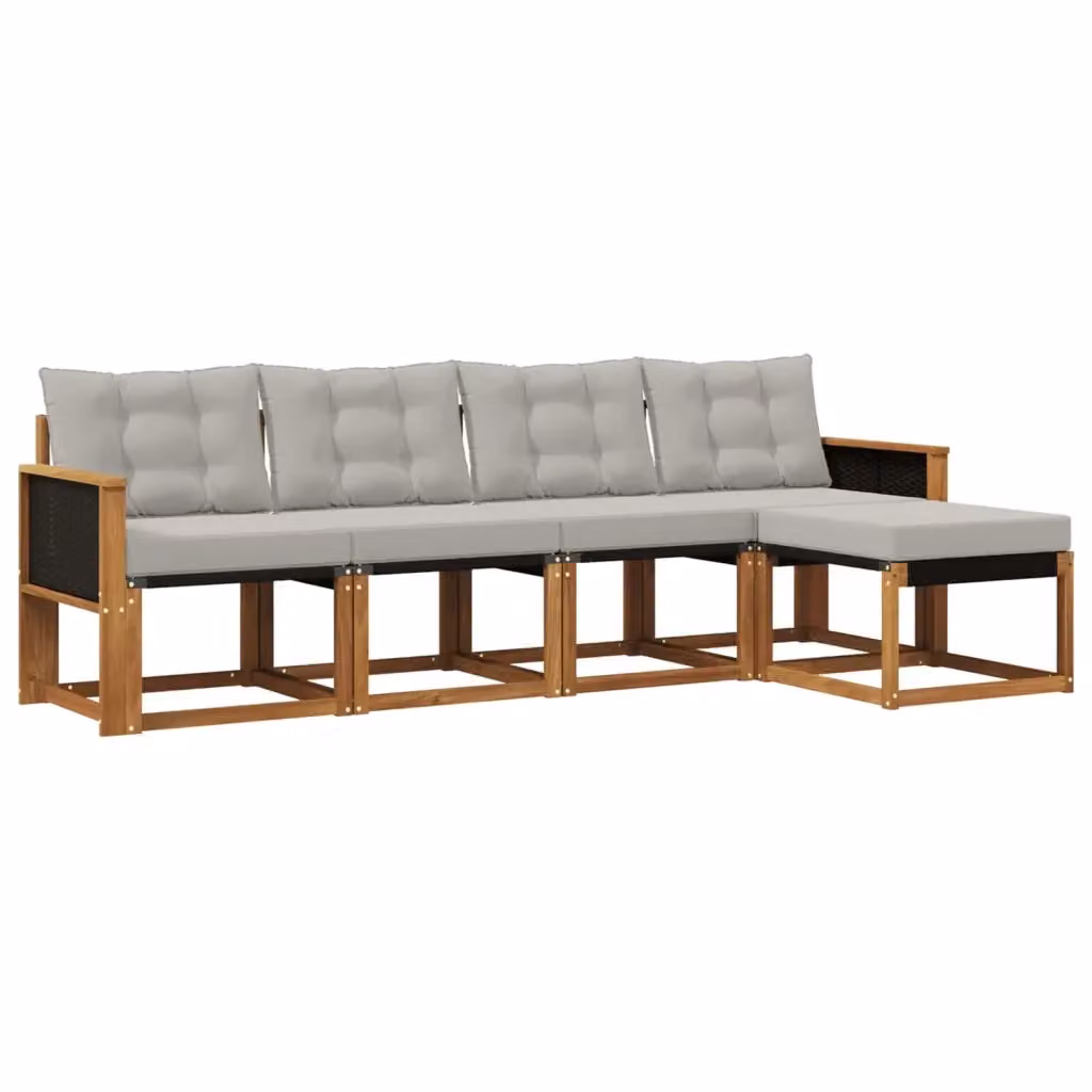 Set di divani da esterno a L vidaXL in legno di acacia con cuscini beige e grigi e pouf in textilene – 2
