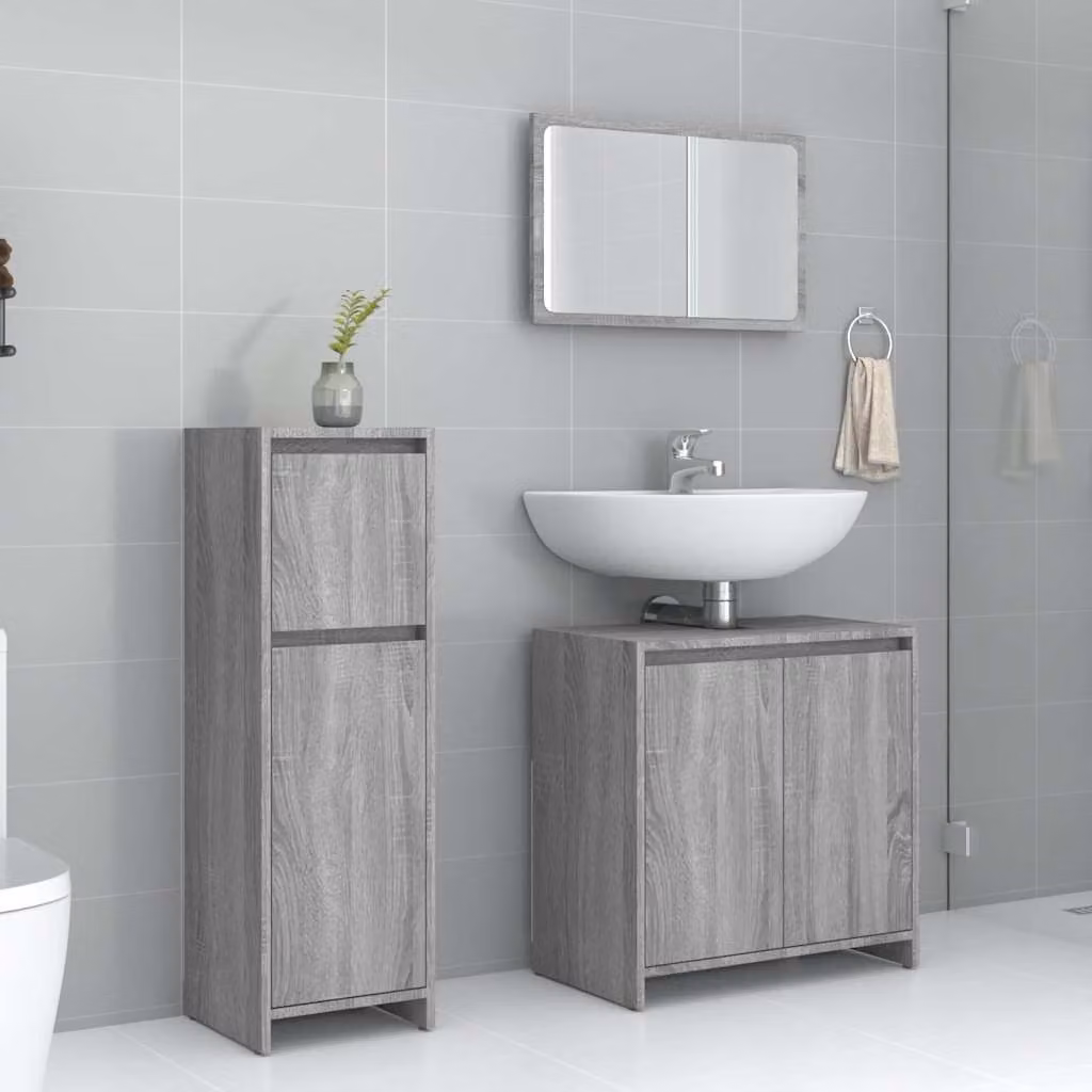 Set di mobili da bagno moderno vidaXL in legno multistrato grigio composto da 3 pezzi con armadietto a specchio, pensile e mobile sottolavabo a parete