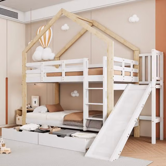 letto a castello in legno massello e mdf bianco naturale 90x200 cm